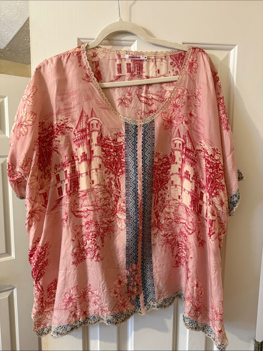 Johnny Was Pink Tunic with Red Scenic Print and Blue Trim